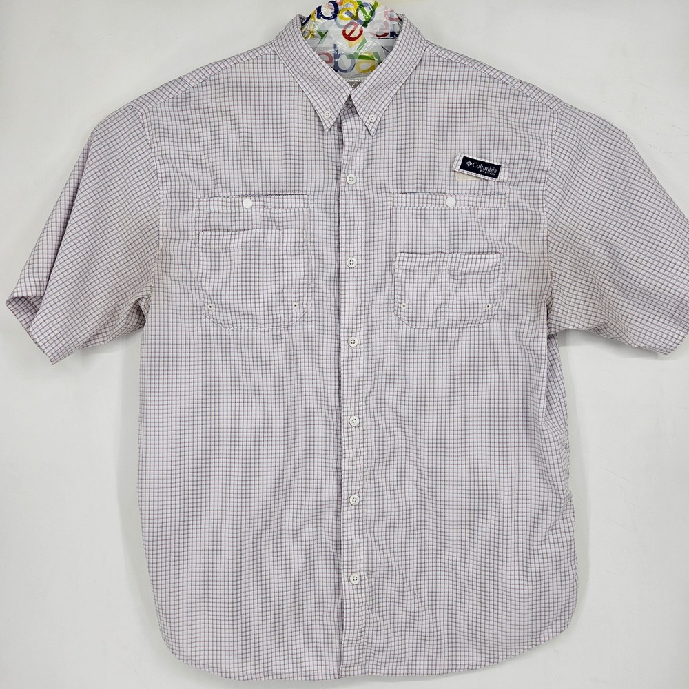 Columbia‎ PFG Super Tamiami Shirt Mens XL Blue White Red Fishing Vented FLAWS